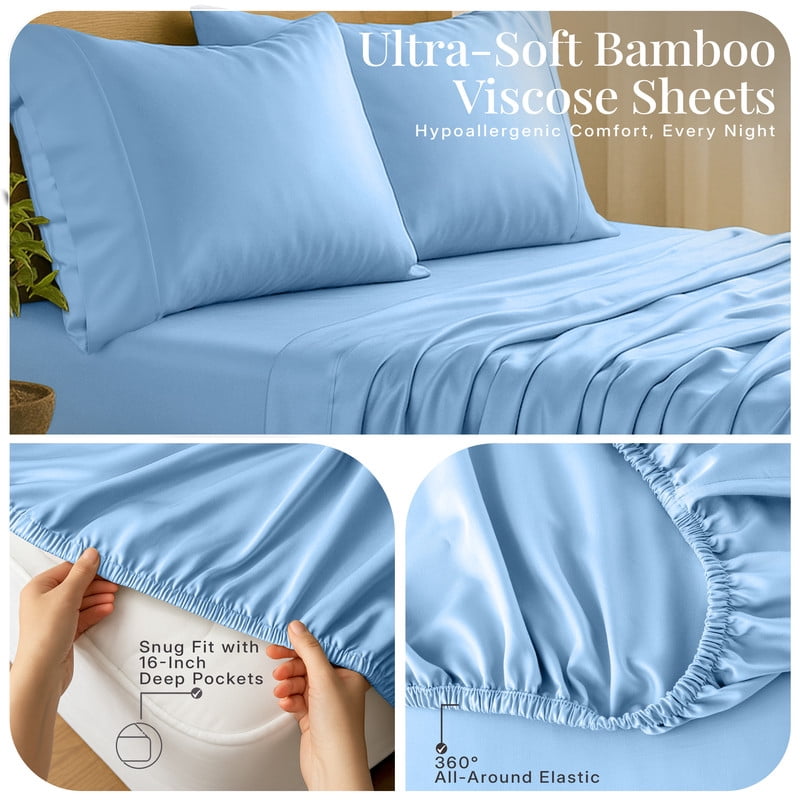 Lux Decor 100% Organic Viscose from Bamboo Sheets Set King Size - 4 Piece Ultra-Soft Luxury Cooling Bed Sheets, 16" Deep Pocket, Breathable & Hypoallergenic - Blue
