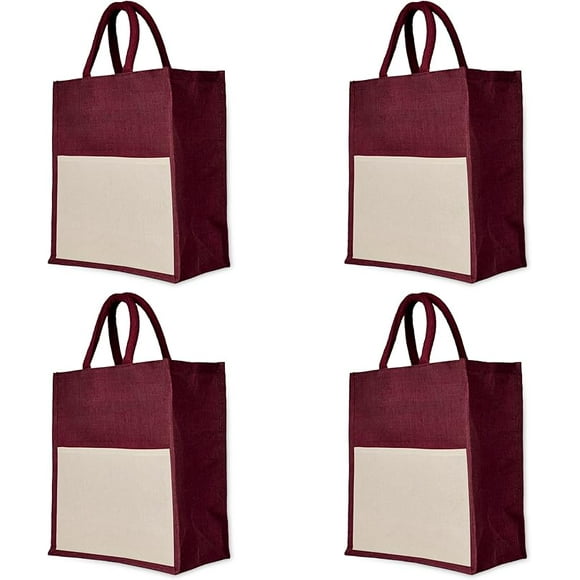 Jucobee 4-Pack Juco Tote Bags in Deep Red – Reusable 14"x12"x7" Burlap Carryalls with Tube Handles, Perfect for Shopping, Travel, Weddings & Daily Use