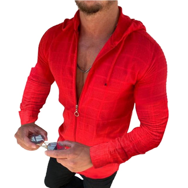 Camiseta Con Capucha Con Cordón A Cuadros Patrón De Puntos Slim Manga Larga Fasionable Tops Para Hombres Rojo L