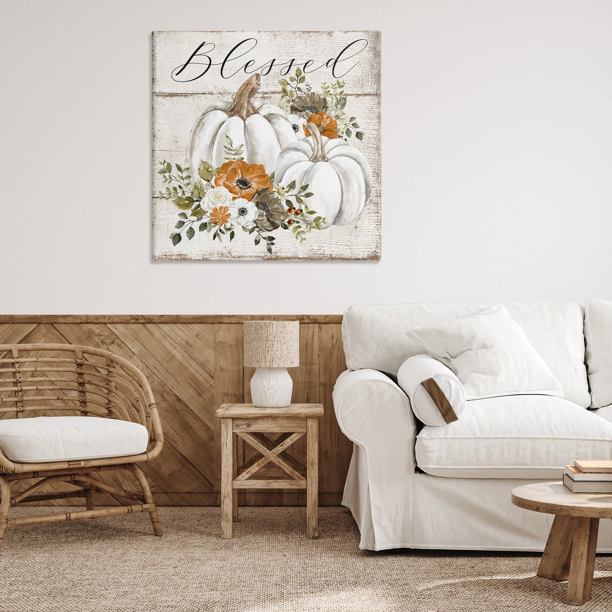 Stupell Industries Blessed Floral Pumpkin Holiday Painting Gallery Wrapped Canvas Art Prints Wall Art, 36 x 36