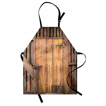 Rustic Apron Dated Simple Door Like in Construction Vertical Barns House Nobody Bohemian Print, Unisex Kitchen Bib Apron with Adjustable Neck for Cooking Baking Gardening, Chocolate, by
