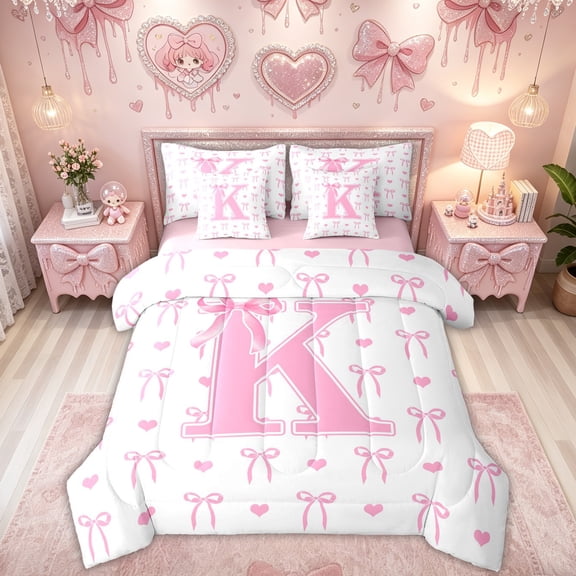 Feelyou Pink Bowknot Monogrammed K Twin Bedding for Kids, Kawaii Love Heart Print Bedding Comforter Set, Pink Reversible, 7pcs