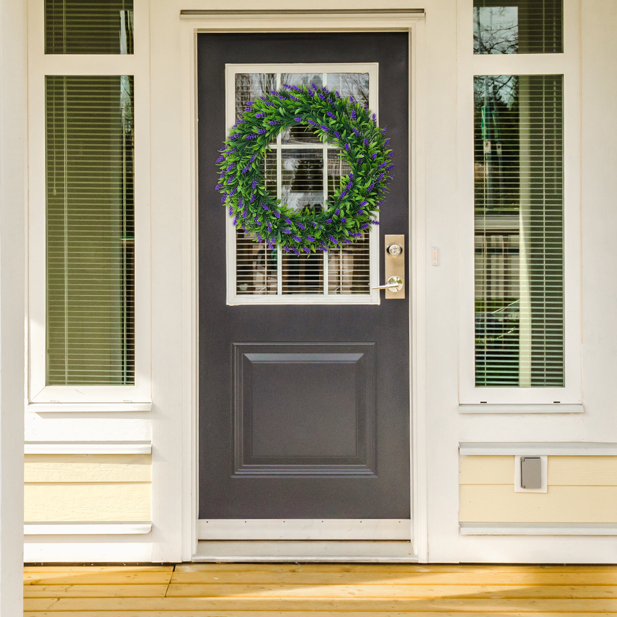 Unique Bargains Lavender Wreath for Front Door Artificial Wreaths Plastic Green Leaves