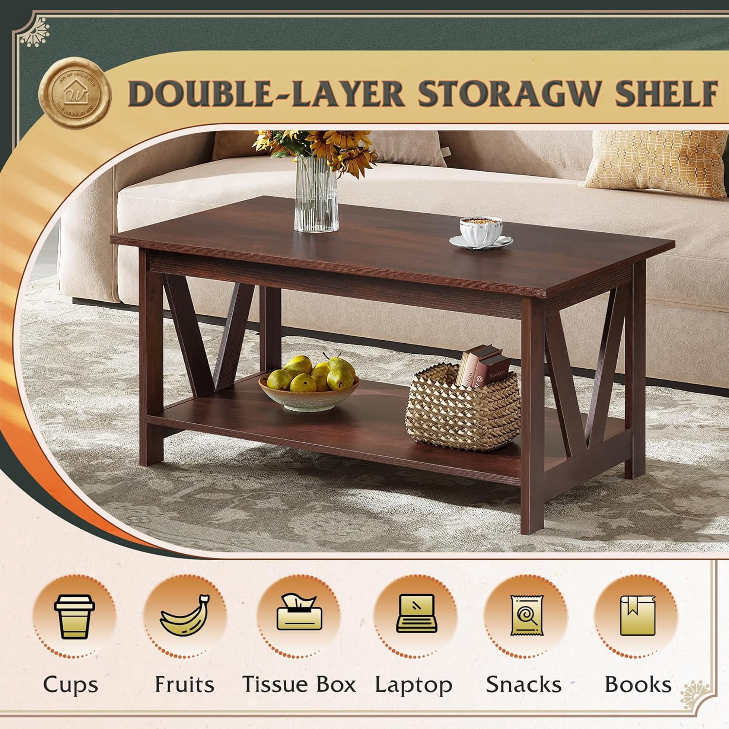 GALAXHERO 39.4" Coffee Table with Storage Shelf Farmhouse Coffee Table with V-Frame Support 2-Tier Wood Rustic Center Table for Living Room, Bedroom & Balcony, Espresso