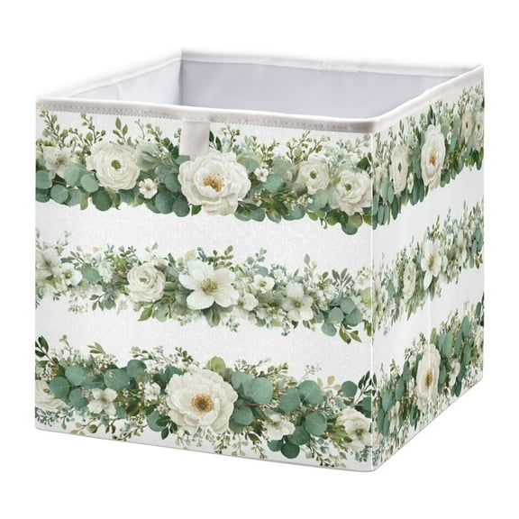 Fabric Open Basket Bins Foldable Storage Basket 2 Size Avliable Eucalyptus Peonies and Roses