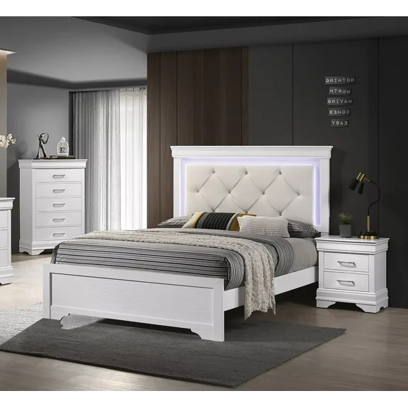 Luxurious White Queen Size 4Pc Bedroom Set Panel Bed w LED Unique Tufted HB Nightstands Chest Wooden
