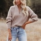 thumbnail image 3 of Jersey de punto para mujer, suéter con cuello levantado, cremallera frontal, hombro caído, manga larga, cálido para invierno y otoño, color tostado claro S, 3 of 7