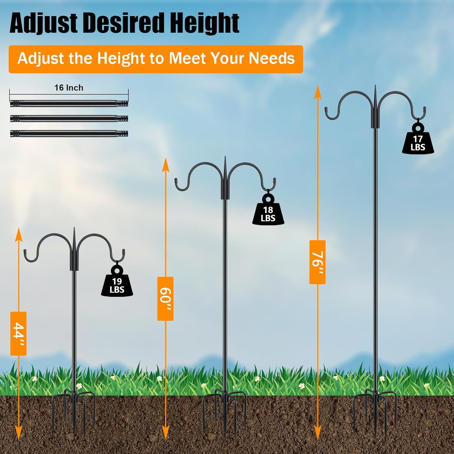 Heavy Duty Shepherds Hook 92" Triple Hooks - Metal 5-Prong Base, Adjustable (44/60/76/92") - 15lb Capacity Bird Feeder Pole for Hanging Plants, Solar Lanterns, Wind Chimes, 1 Pack
