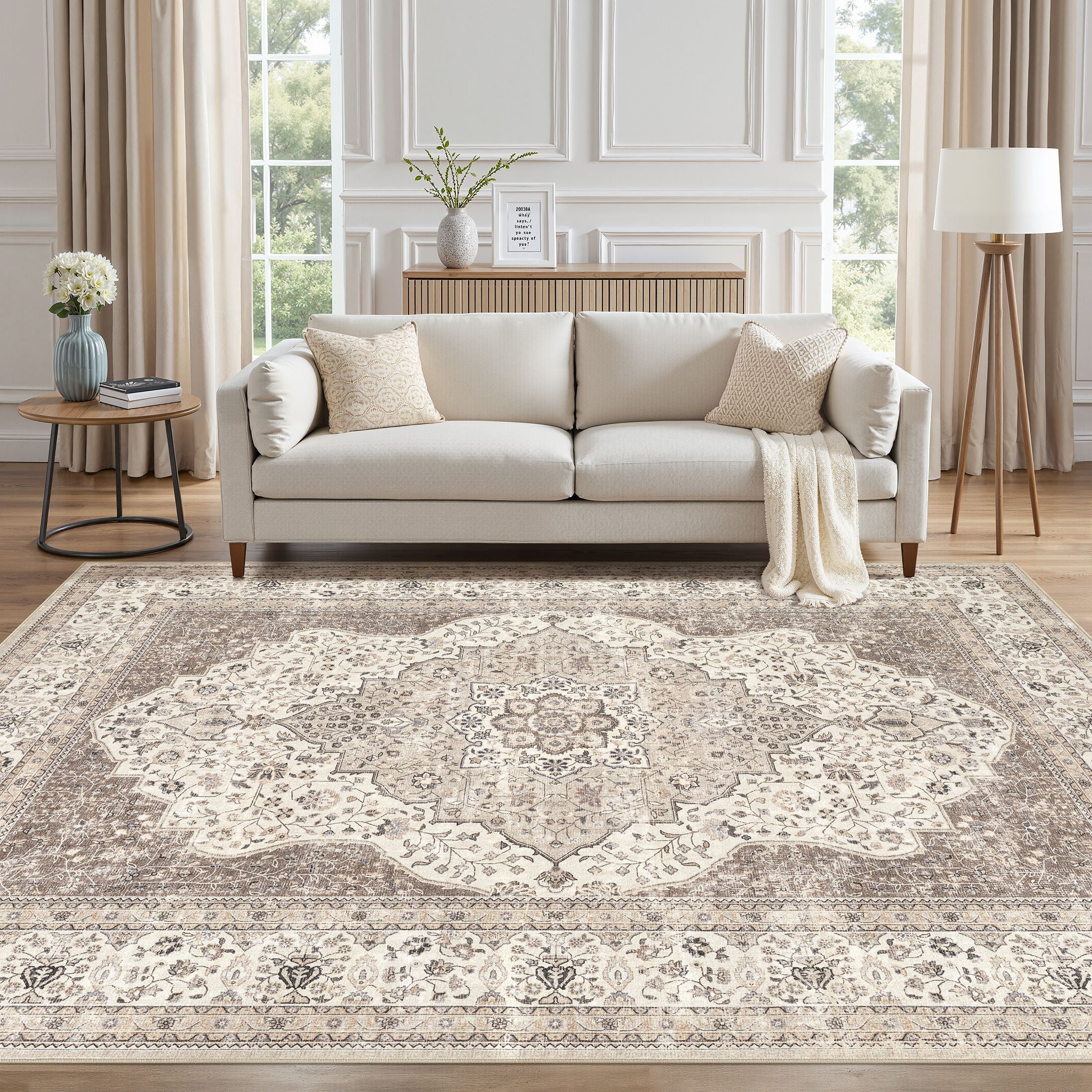 UERMEI 8'x10' Washable Area Rugs for Living Room, Vintage Floral Boho Printed Carpet, Non Slip Indoor Rug for Bedroom Home Decor Carpets - Brown
