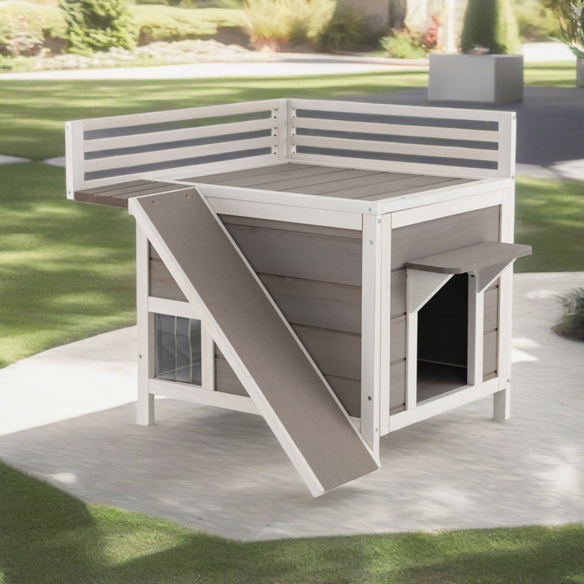 Pefilos 27" Outdoor Cat House, Wood Cat Condo for Small Cats, Weatherproof Cat Shelter with Escape Door, Gray Pefilos 27" Outdoor Cat House, Wood Cat Condo for Small Cats, Weatherproof Cat Shelter with Escape Door, Gray