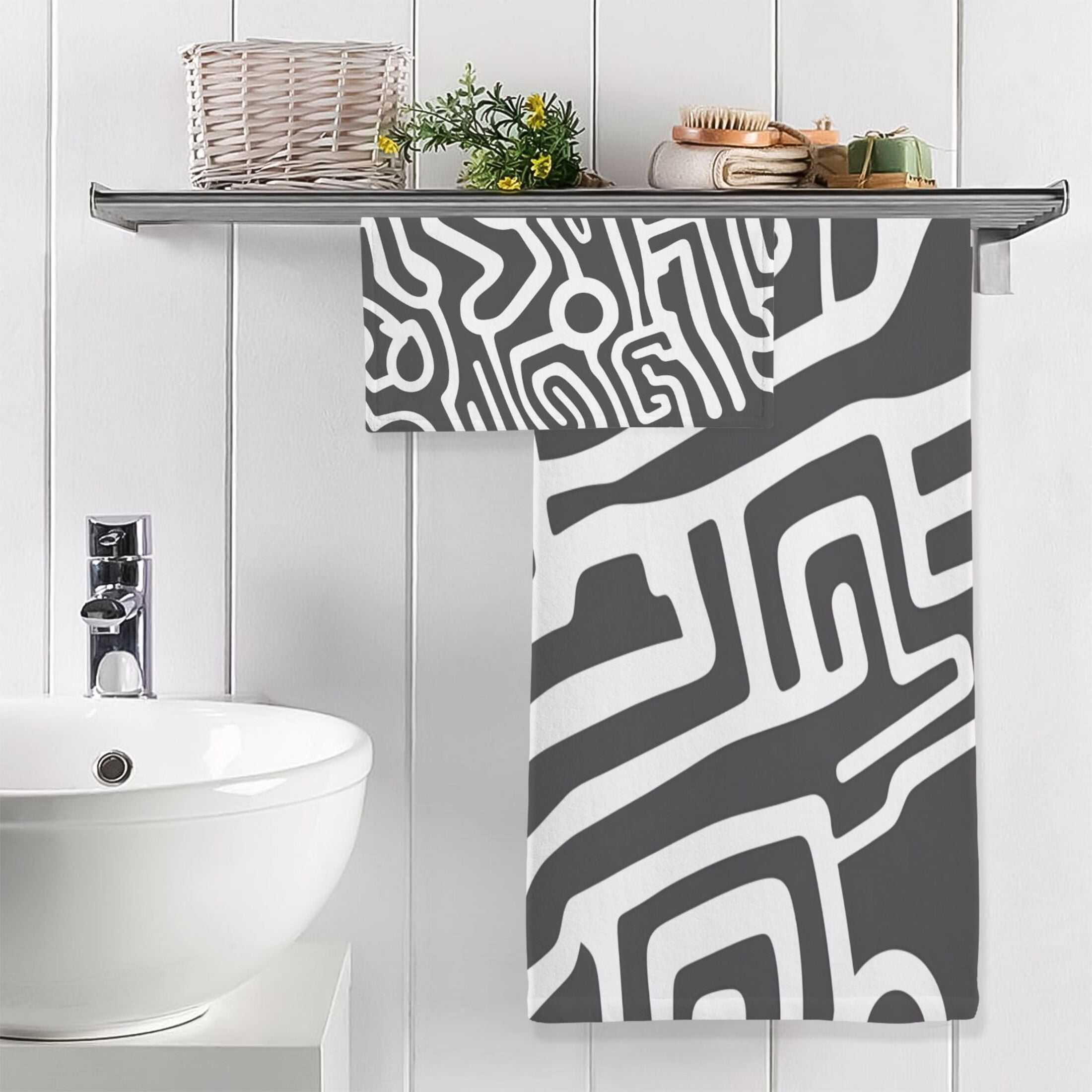 Minimalist Black and White Lines 2 Piece Cotton Bath and Face Towel Set Soft and Absorbent, for Beach Pool Bathroom