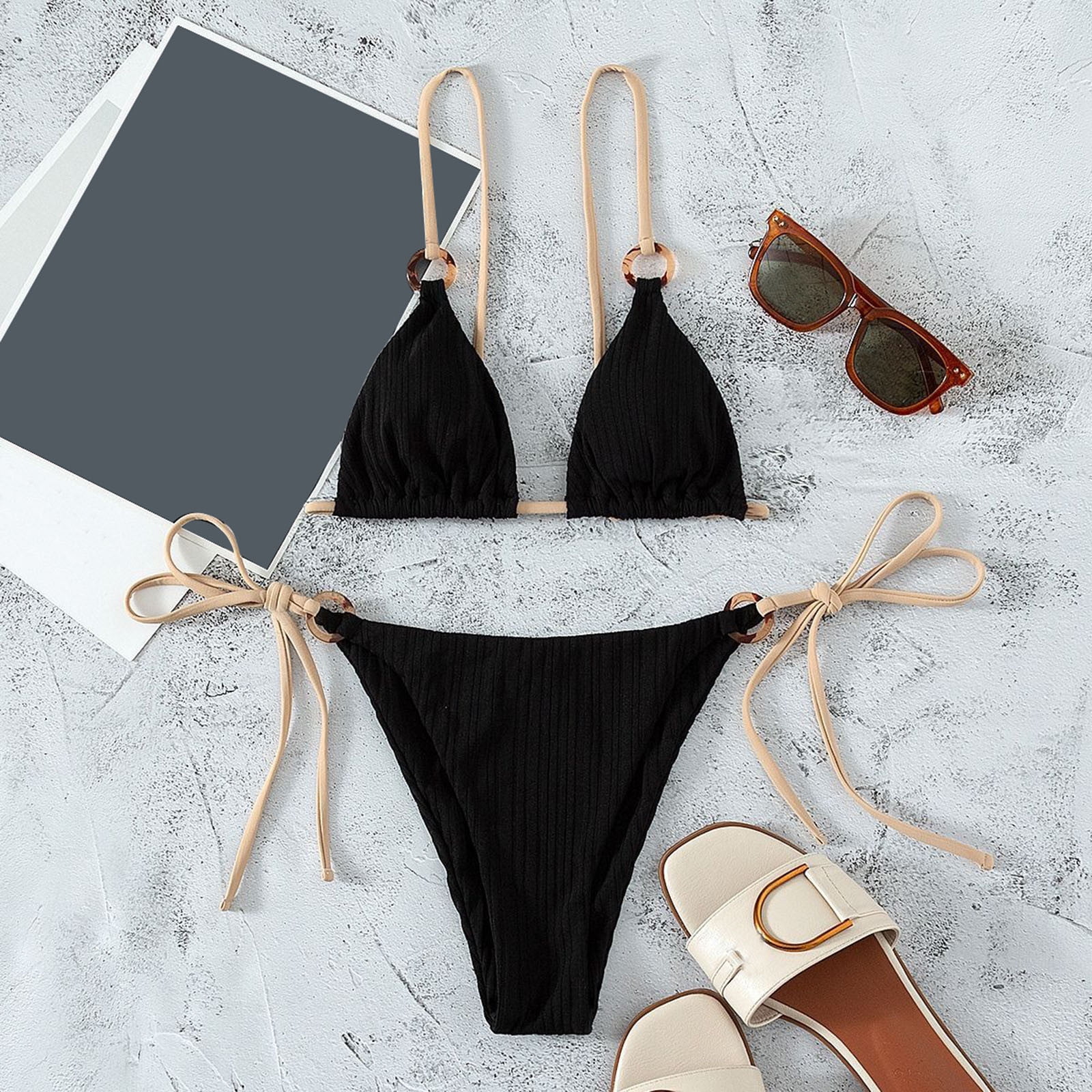 Aayomet High Waisted Bikini Women Bikini Set Lace Up Backless Two Piece  Beach Wear Hot Swimwears Tankinis Set,Black L