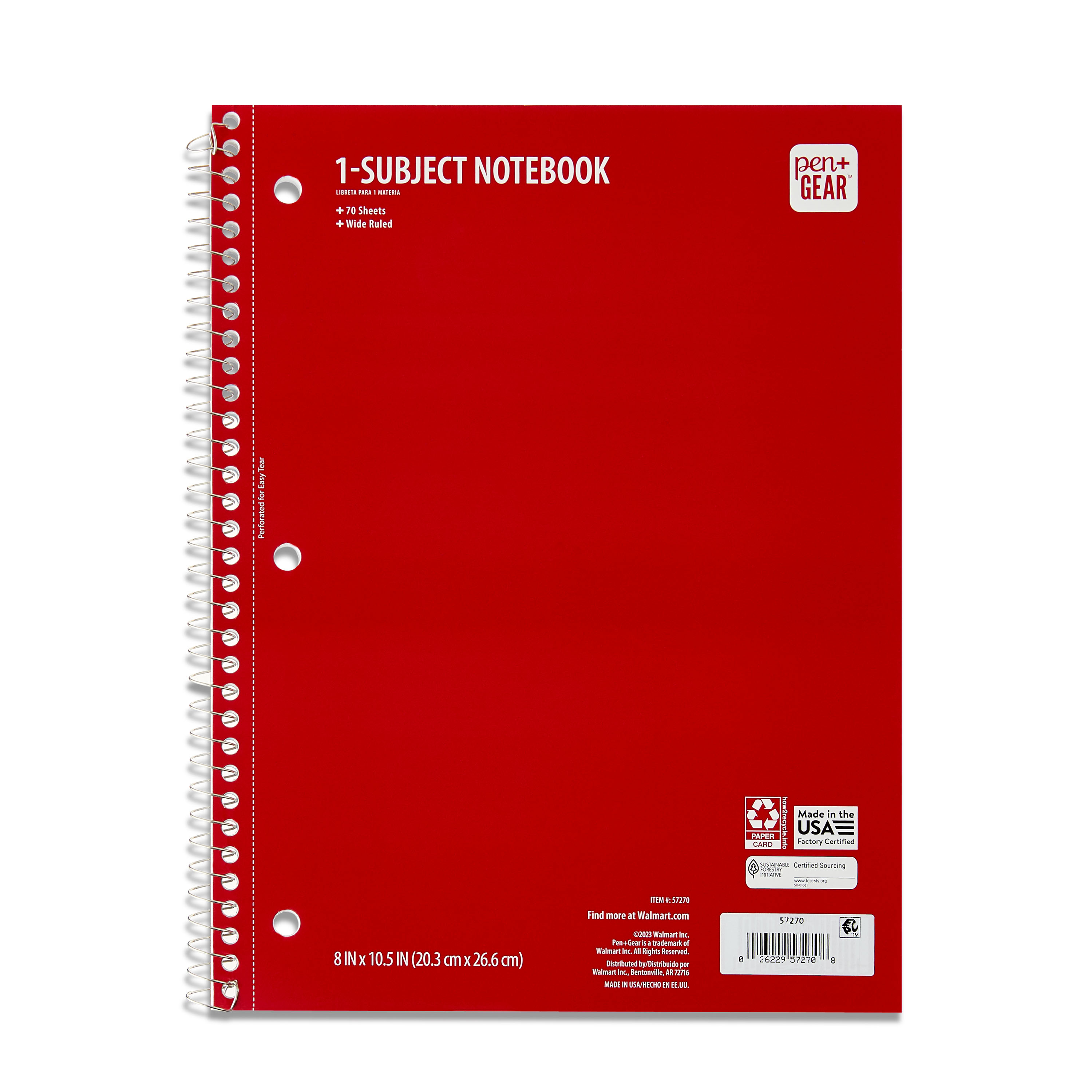 Pen+Gear Wide Rule 1 Subject Notebook, 8” x 10.5”, Red, 70 Sheets, New