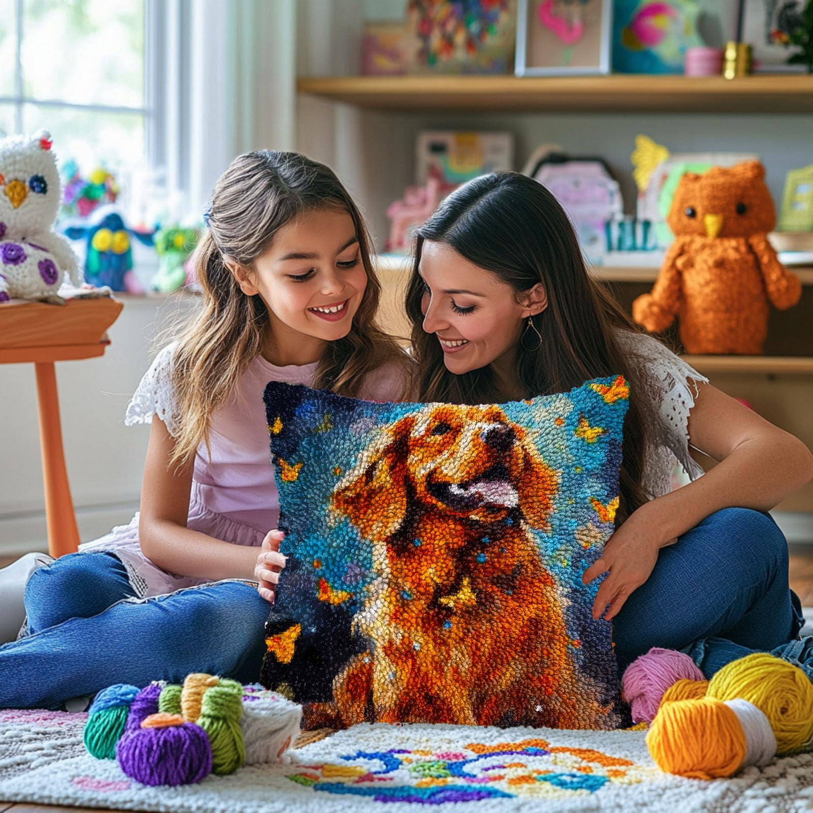 Golden Retriever and Butterflies DIY Latch Hook Pillow Kits for Adults Printed Pillowcase Crochet Yarns Hooking Handmade Pillow Cover Cushion for Home Sofa Decoration 17x17inch