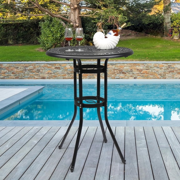 Cast Aluminum Outdoor Patio Bar Tables, Outdoor Frosted Surface Round Bar Height Bistro Table - 41"" Pub Height, Black$$Garden & Patio