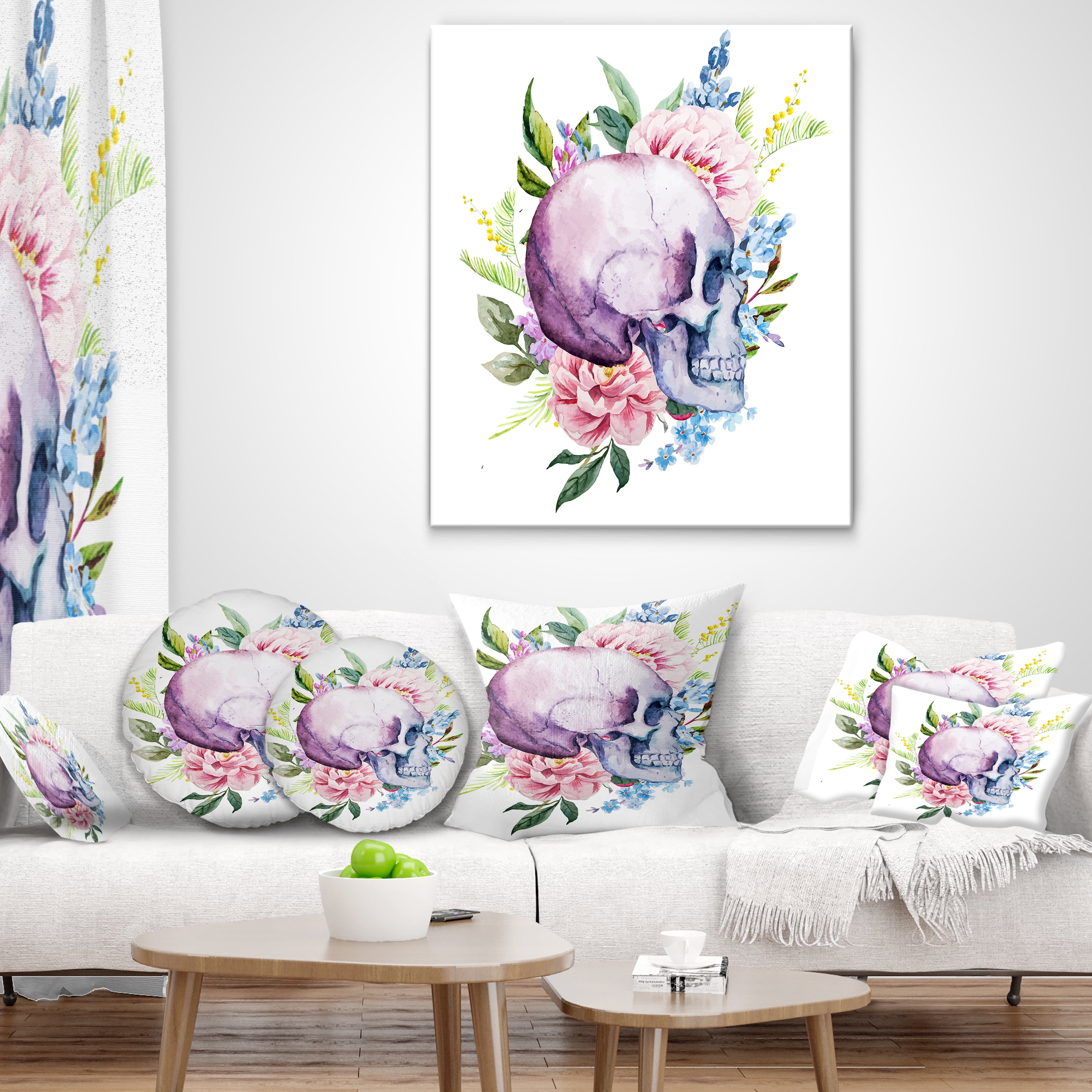 Designart Skull with Flower Borders - Floral Throw Pillow - 18x18