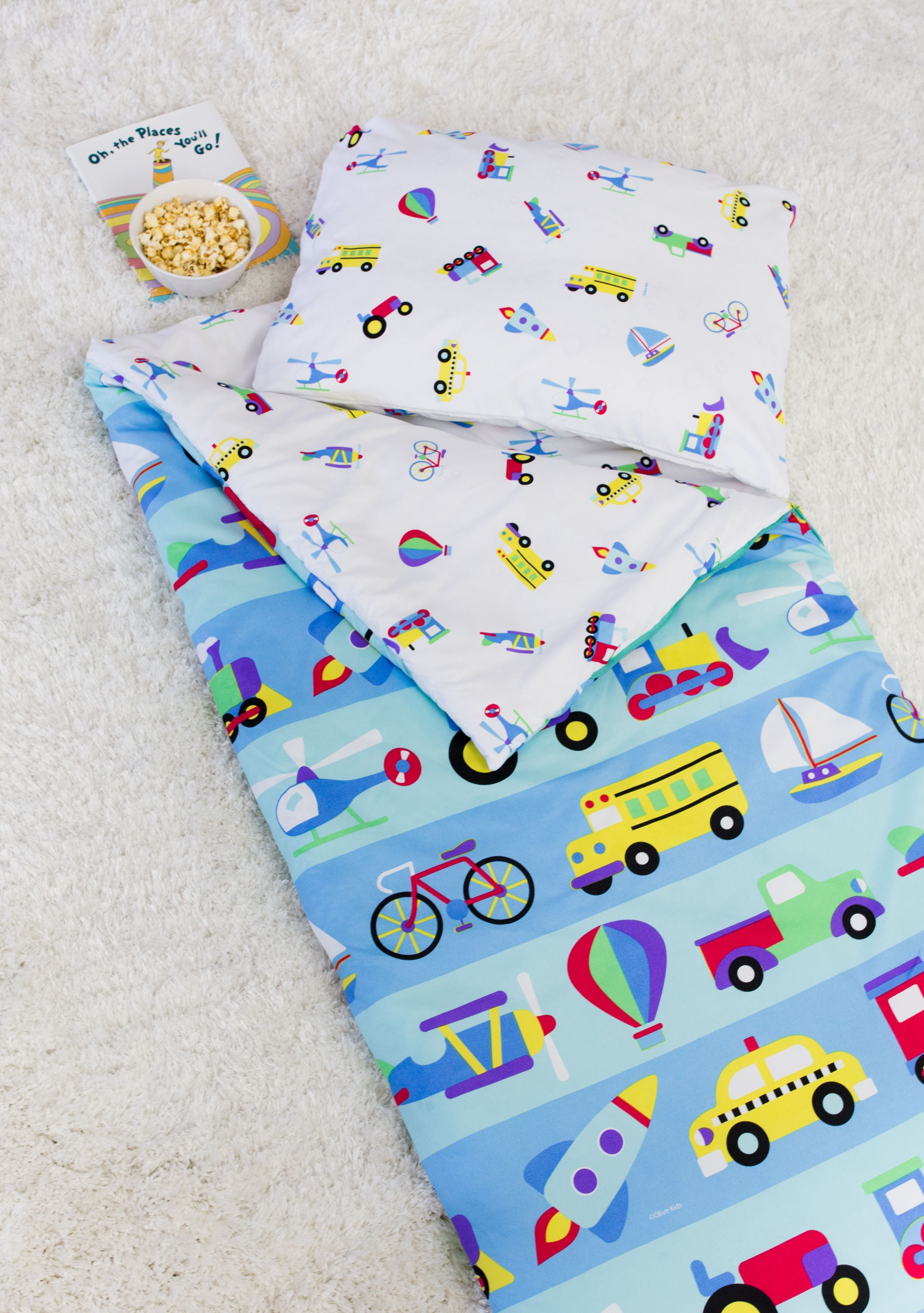 Kids Lightweight Sleeping Bag - Blue Ripples Print, Waterproof & Warm For Camping, Travel & Indoor Sleepovers