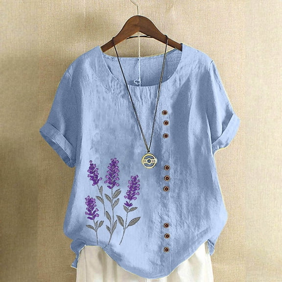 CLOISE Womens Short Sleeve Tops Plus Size Shirts Button Crewneck Casual Pullover Graphic Summer Blouses Light Blue