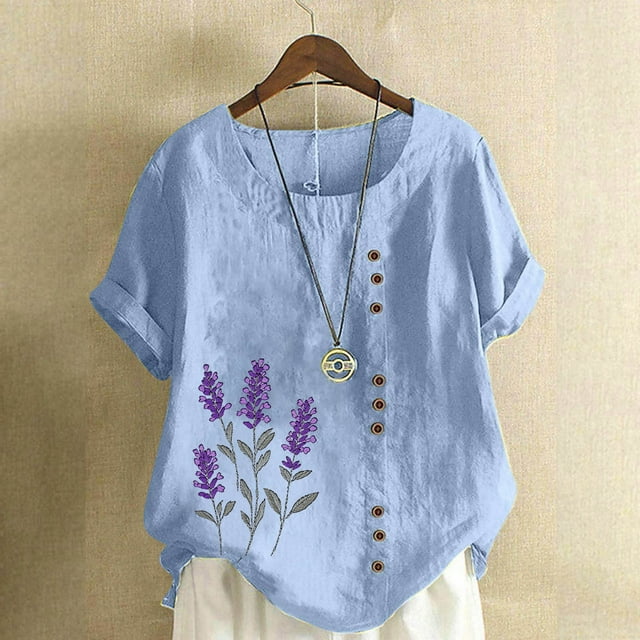 Women's Casual Linen Top Printed Short Sleeve Button Blouse Soft Polyester Comfortable T-Shirt for Daily Wear Work Vacation Party Spring Summer Fall Fashion