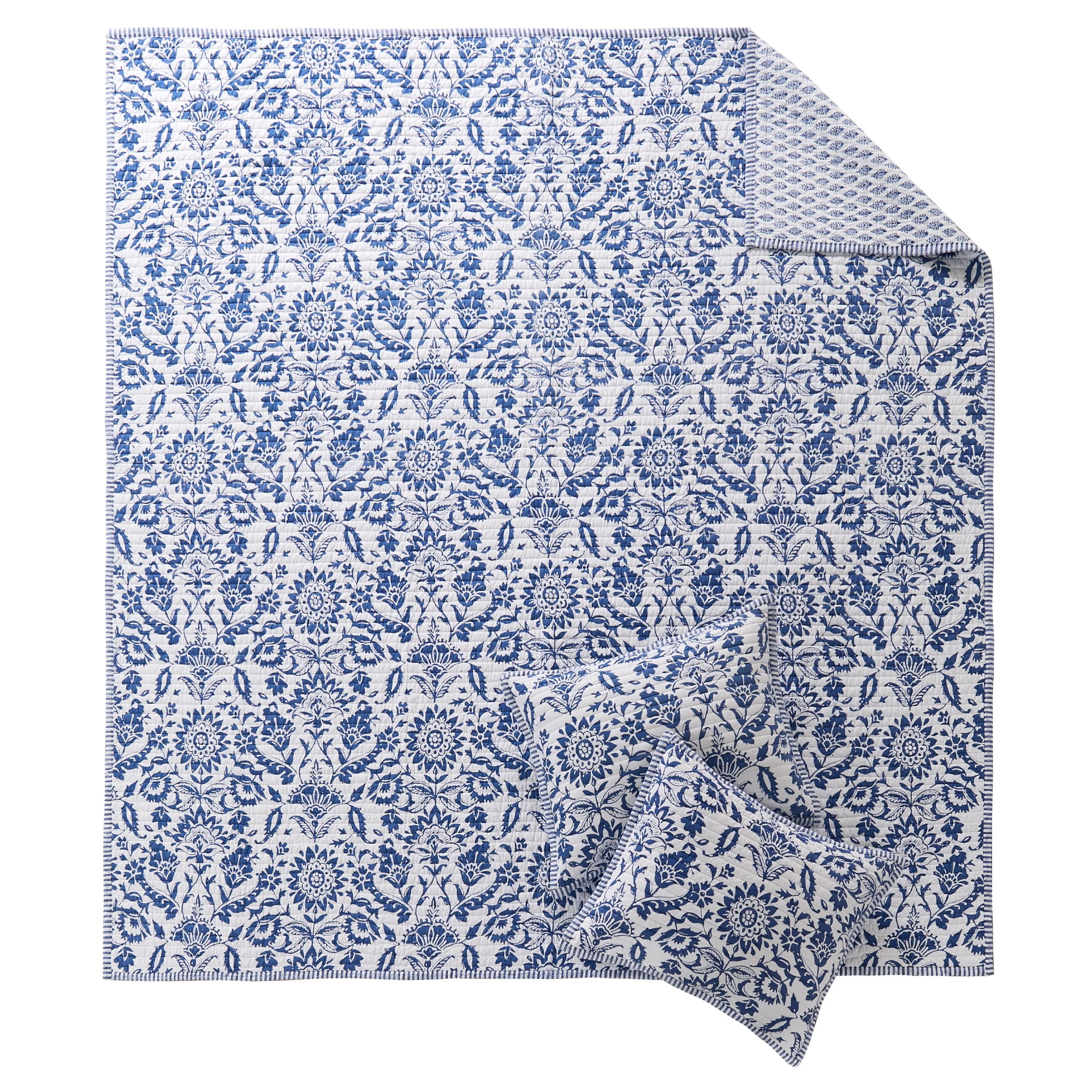 Levtex Home Clara Blue 3-Pieces White Floral Quilt Bedding Sets, King