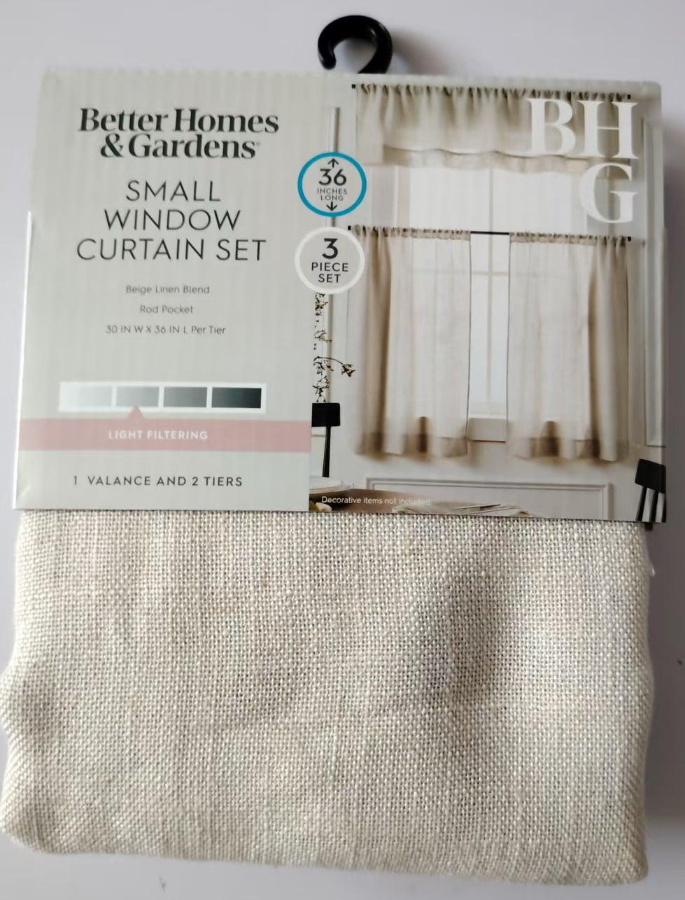 Better Homes & Gardens Linen Blend Light Filtering Rod Pocket Kitchen Curtain Tiers and Valance Set, 3 Panels, Papyrus Beige, 60 x 36 in