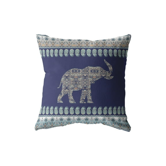 Paisley Elephant Indoor/Outdoor Fabric Pillow with Removable Cover in Blue 18x18