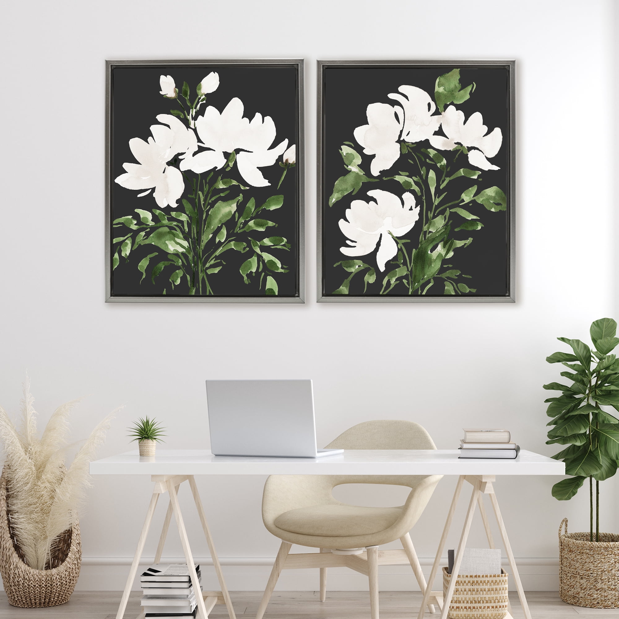 Stupell Industries White On Black Blooms 2 Piece Gray Framed Floater Canvas Set, design by Lucille Price
