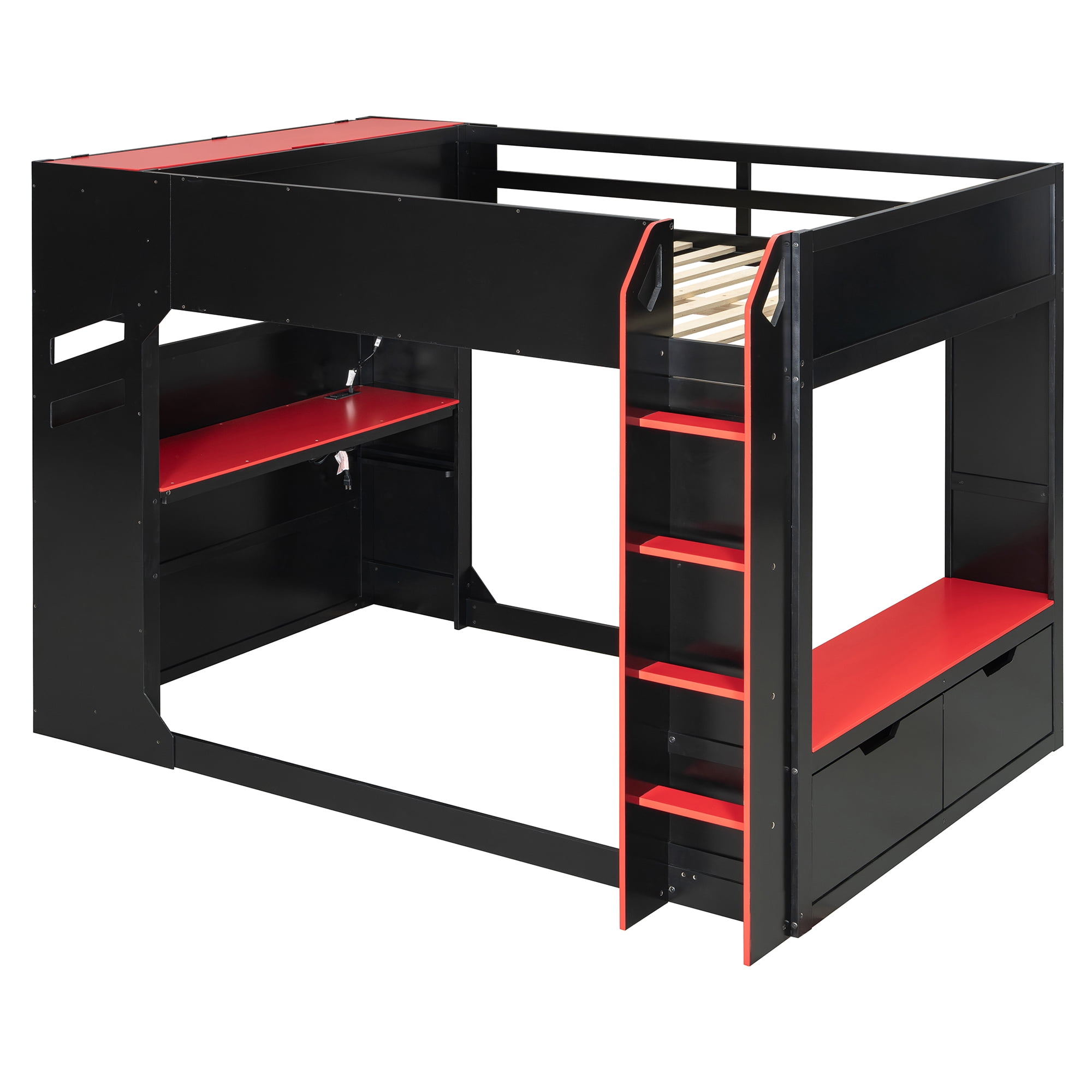 Mintazer Full Gaming Loft Bed with Height Adjustable Desk, Drawers, Storage Compartments, Hanging Rod and RGB Lights for Boys Girls, Black & Red