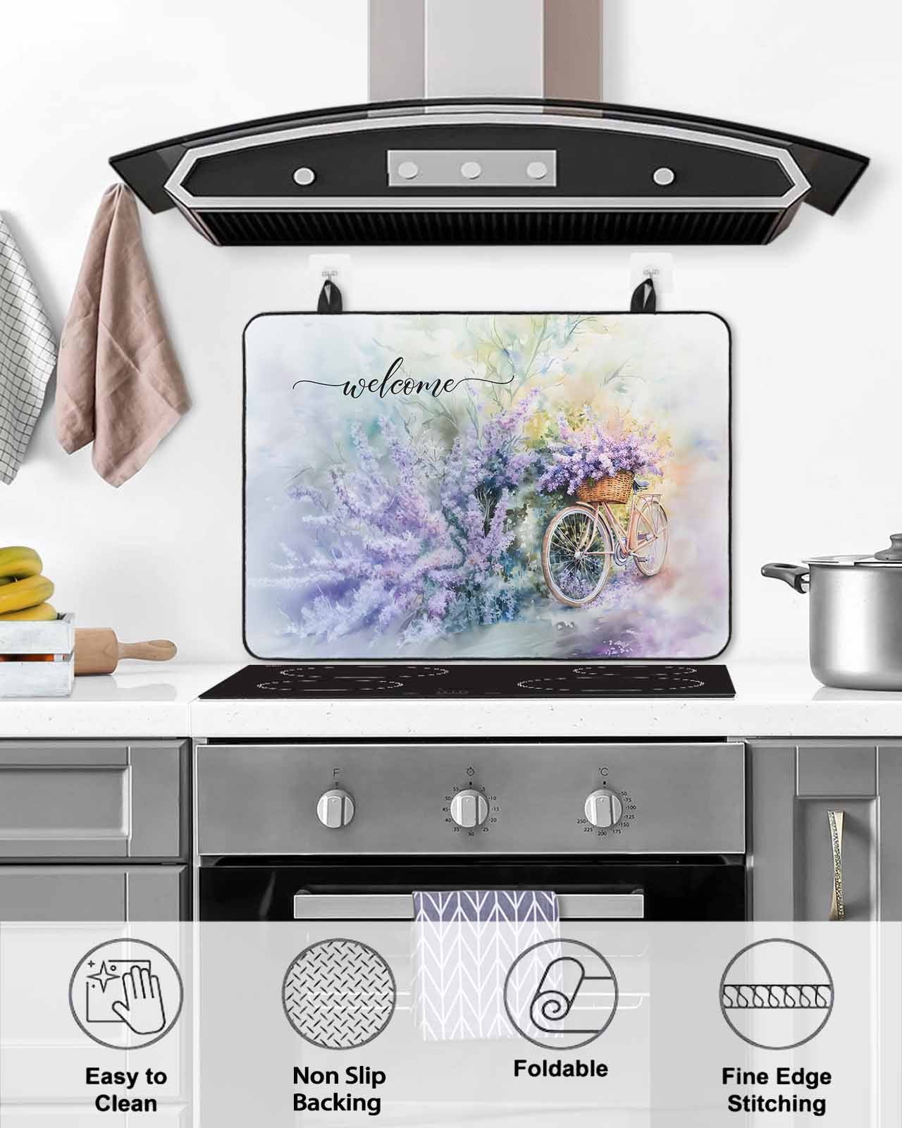 nqOlkjepod Large Induction Cooktop Protector Mat 36"x21", Purple Spring Lavender Stove Top Covers for Electric Stove, Flowers Bicycle Pastoral Farm Stove Burner Cover Mats, Glass Top Stove Cover