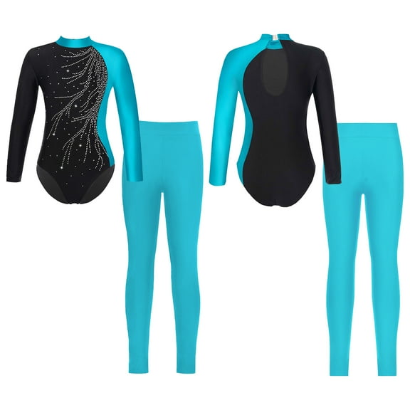 YIZYIF Girls 2-Piece Dance Sports Outfit Shiny Rhinestone Unitard Leotard with Leggings Activewear Lake Green 16