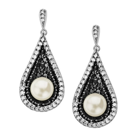 5.5 mm 5/8 ct Black & White Diamond Freshwater Pearl Drop Earrings in Sterling Silver
