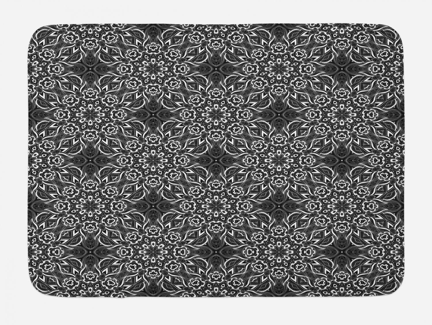 Black and White Bath Mat, Abstract Monochrome Composition with Flowers