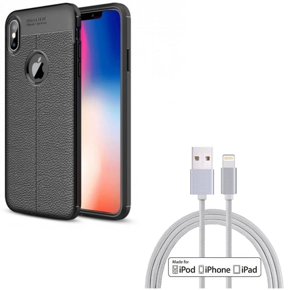 PU Leather Case w 10ft MFi USB Cable for iPhone XS Max - Slim Fit Cover Reinforced Bumper Shock Absorbent Black and Certified Charger Cord Power Wire Braided