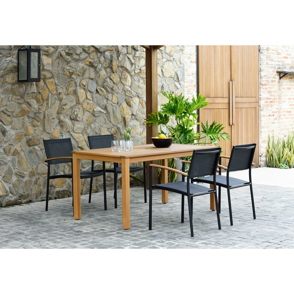 Amazonia Fontana 5 Piece Rectangular Eucalyptus Dining set Teak Finish Table and Quick-Dry Black Sling Chairs Durable and Ideal for Outdoors