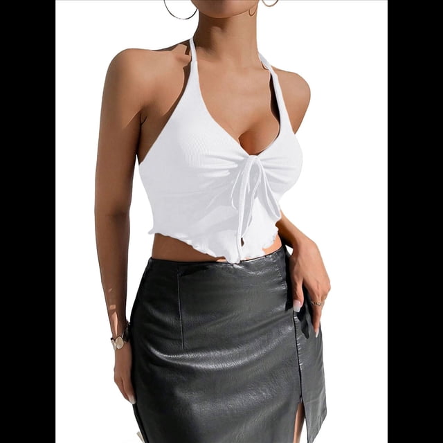 Top Corto con Lazo Frontal Y2k, Cuello Halter, Plisado y Fluido, para Salir de Verano, Camisa Sin Mangas con Abertura S