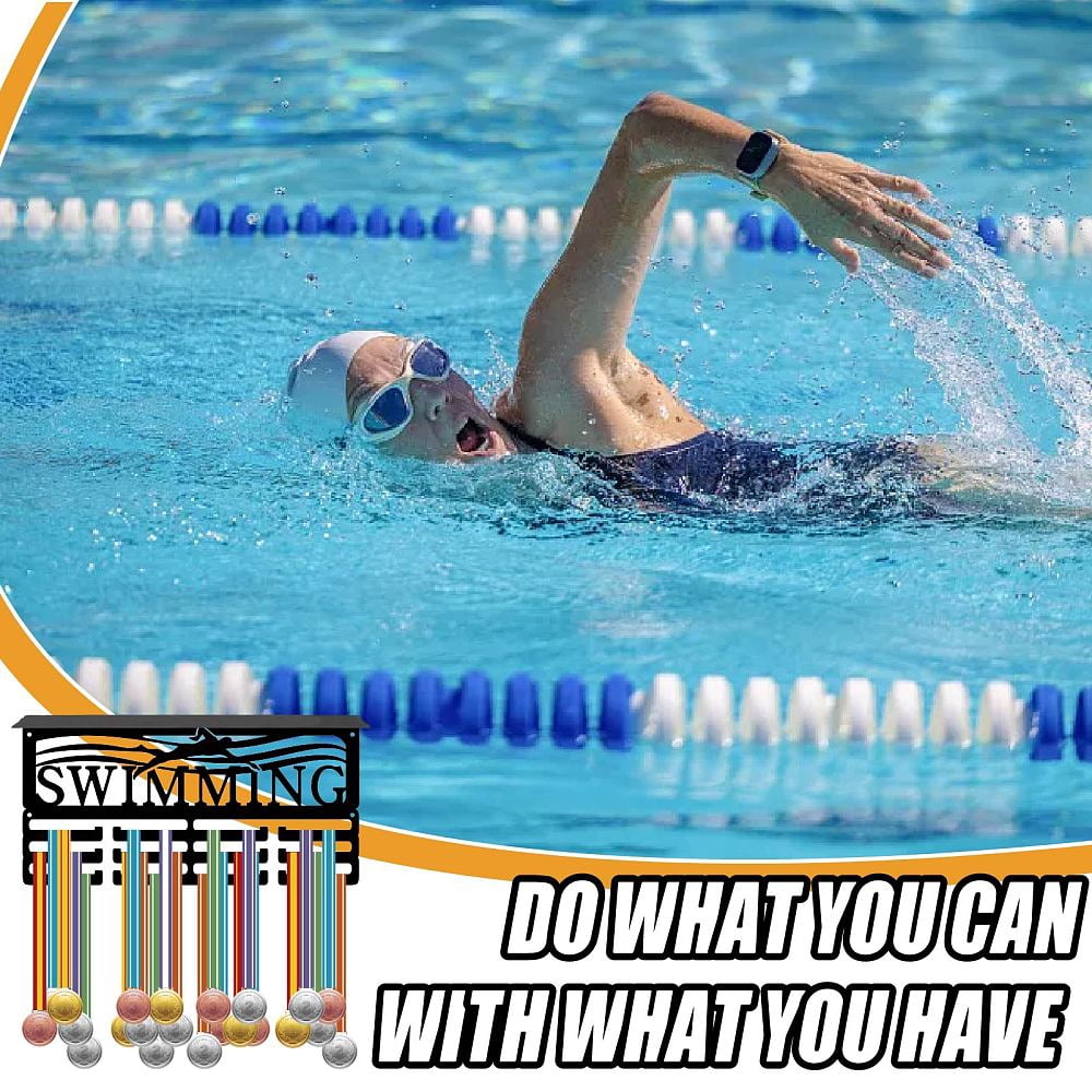 Swimming Medal Display Shelf Trophy Holder Display 3 Row Hold 60+ Medals Iron Rectangle Black Wall Mount Ribbon Award Rack Stand Hanger Home