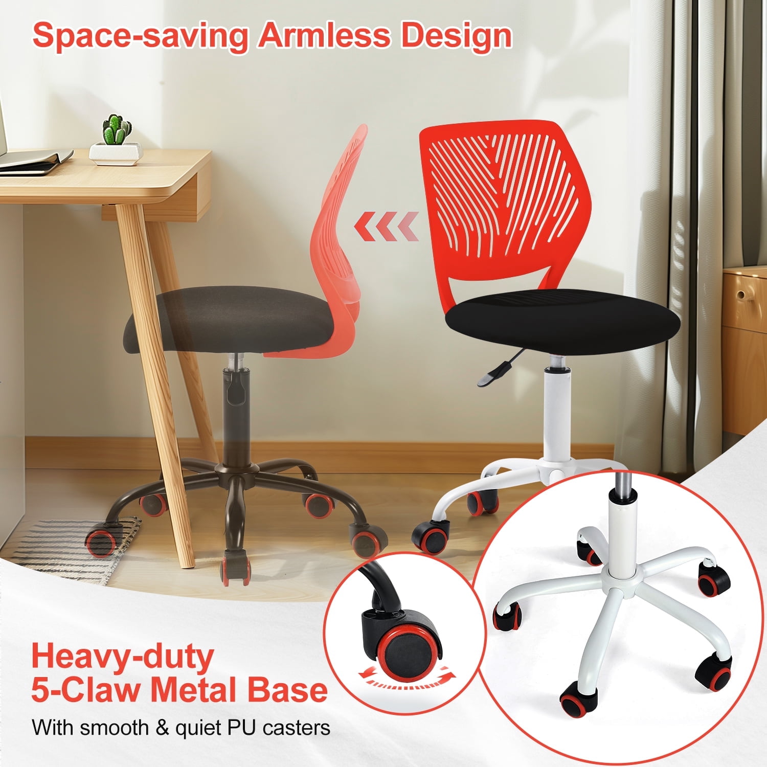 Homy Casa Adjustable Teen Desk Chair with Wheels, Swivel Task Chair with Mesh Back, Crimson & Black