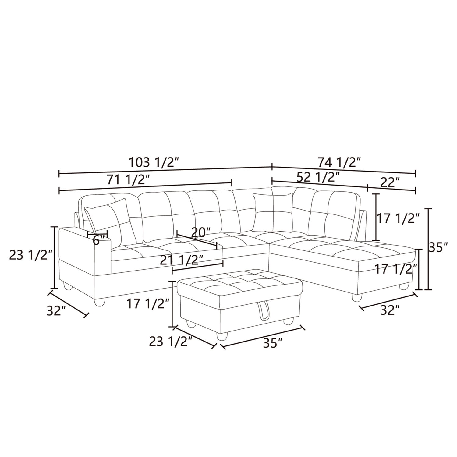 Hommoo Linen Sectional Sofa, 4 Seat Living Room Furniture Sets, Modern L-Shaped Couches and Sofas Set for Home, Light Grey(No Ottomans)
