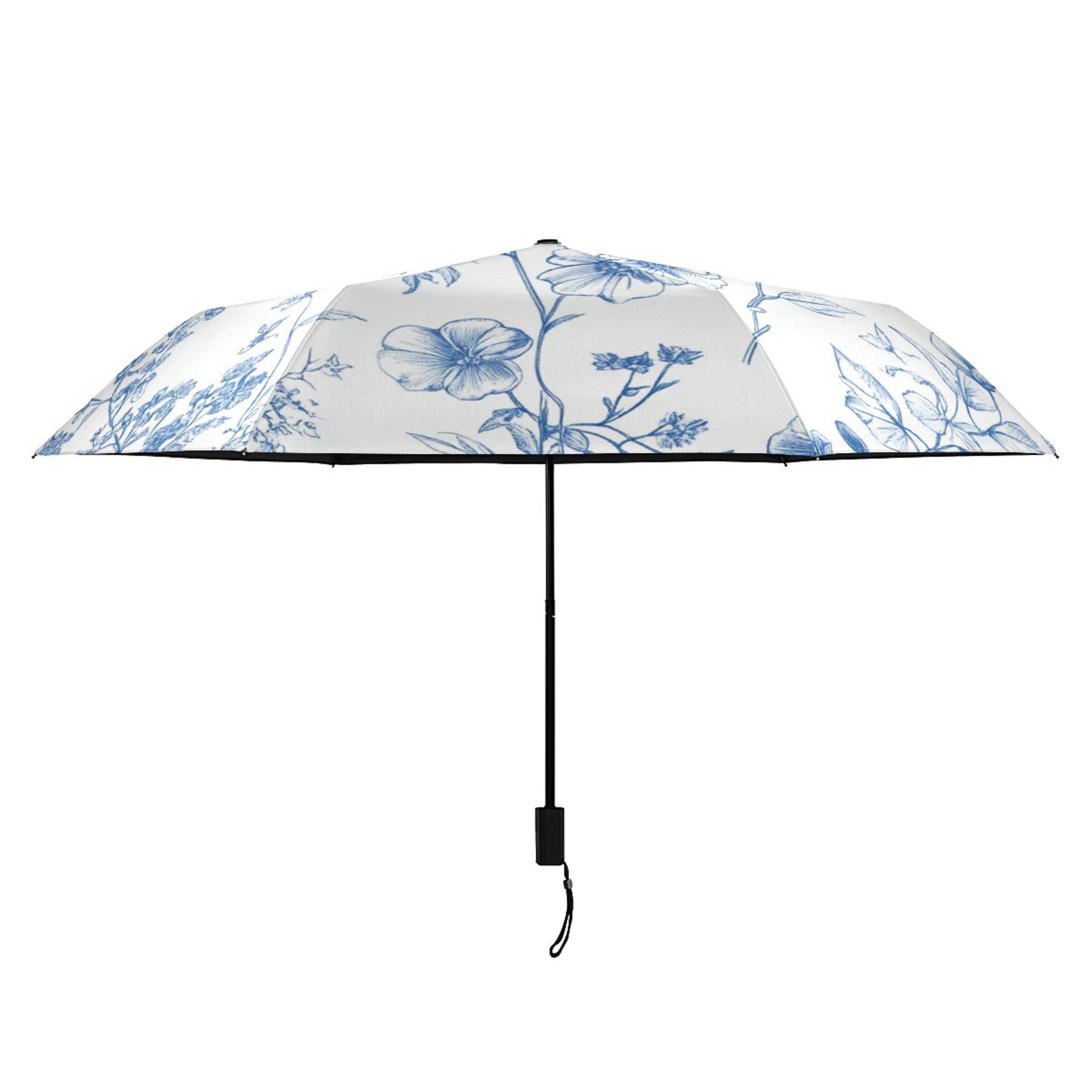Different Blue Ink Flowers All Weather Umbrella Triple Folding Parasol 6 Ribs UV Protection Portable