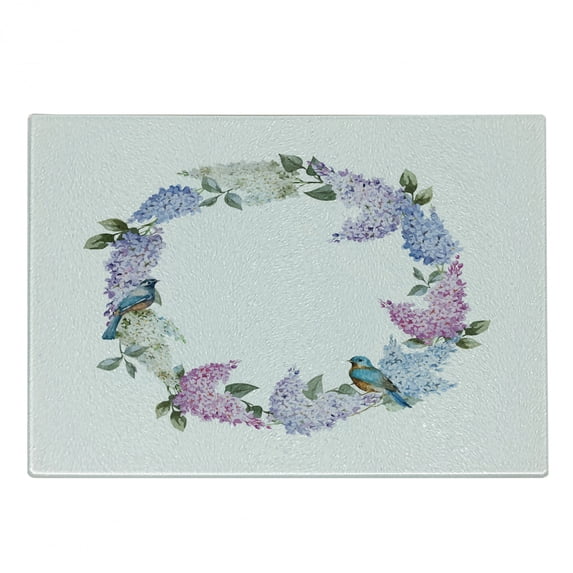Lilac Cutting Board, Flower Wreath with Fresh Blooms and Little Bird Tender Gentle Romantic Season Bridal, Decorative Tempered Glass Cutting and Serving Board, Small Size, Multicolor, by Ambesonne