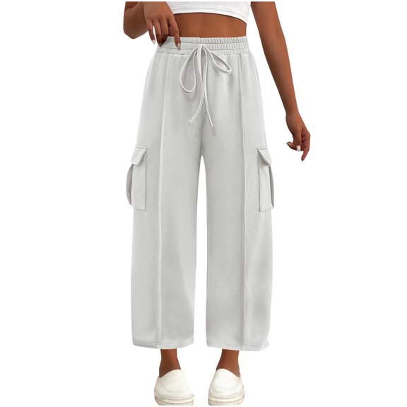 Lenpel Women's Cargo Sweatpants Elastic High Waisted Drawstring Wide Leg Workout Lounge Pants Casual Baggy Joggers with Pocket(White,X-Large)