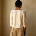 thumbnail image 3 of Womens Solid Pleated Crewneck 3/4 Sleeve Shirt Casual Spring Fall Y2K Vintage Comfy Basic Trendy Office Work Beige L, 3 of 5