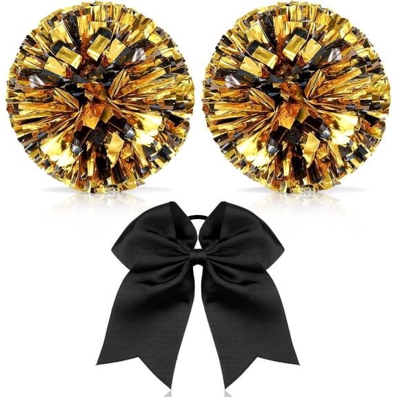 3 Pcs Cheerleading Pom Poms and Large Cheerleader Hair Bow Metallic Cheer Supplies for Team Spirit Sports Dance Cheering