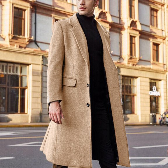 QHRMKOG Winter Coats for Men Tailored Fit Office Notched Collar Trench Coat Warm Single Breasted Long Pea Coats Casual Coats with Pockets Brown L