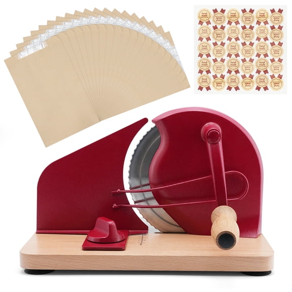 Manual Bread Slicer for Homemade Sourdough Bread with 30Pcs Bread Bags, Adjustable Thickness, Hand Crank Bread Slicer with Scale Line and Suction Cup, Serrated Blade Design, Red