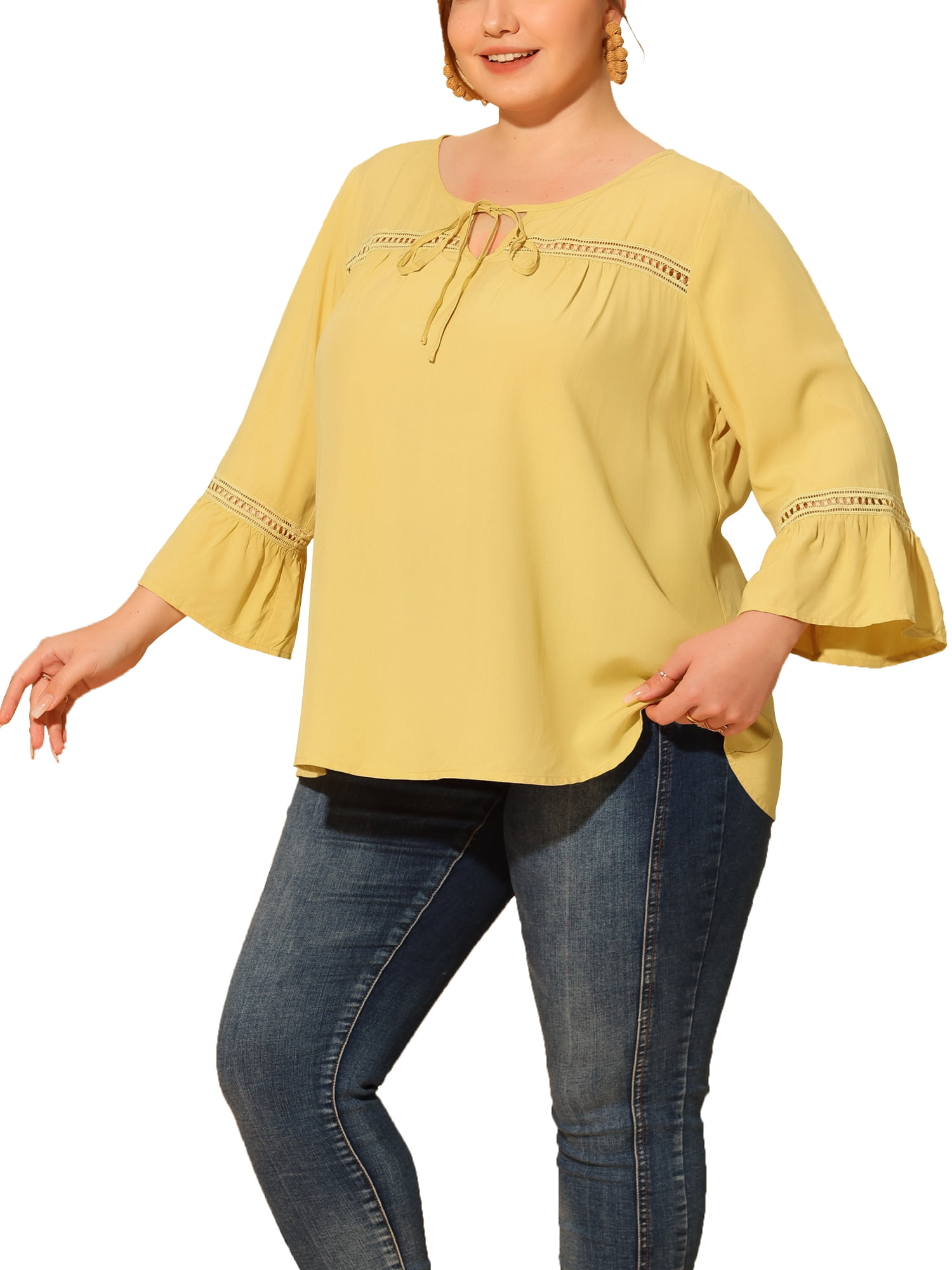 Unique Bargains Women's Plus Size Tie Neck Lace Insert 3/4 Flare Sleeve Blouses