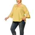 thumbnail image 4 of Agnes Orinda Women's Plus Size Lace Insert Tie Neck 3/4 Flare Sleeve Blouse 1X Light Yellow, 4 of 7