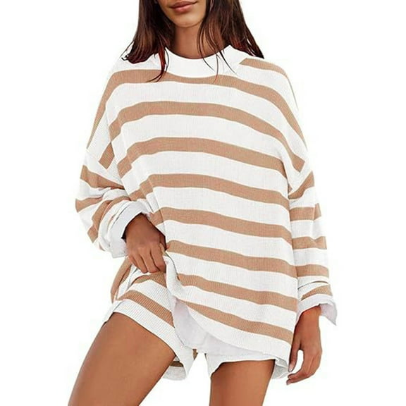 Womens Striped Sweater Set Oversized Sets Matching Pajamas Long Sleeve Sweater Top And Shorts