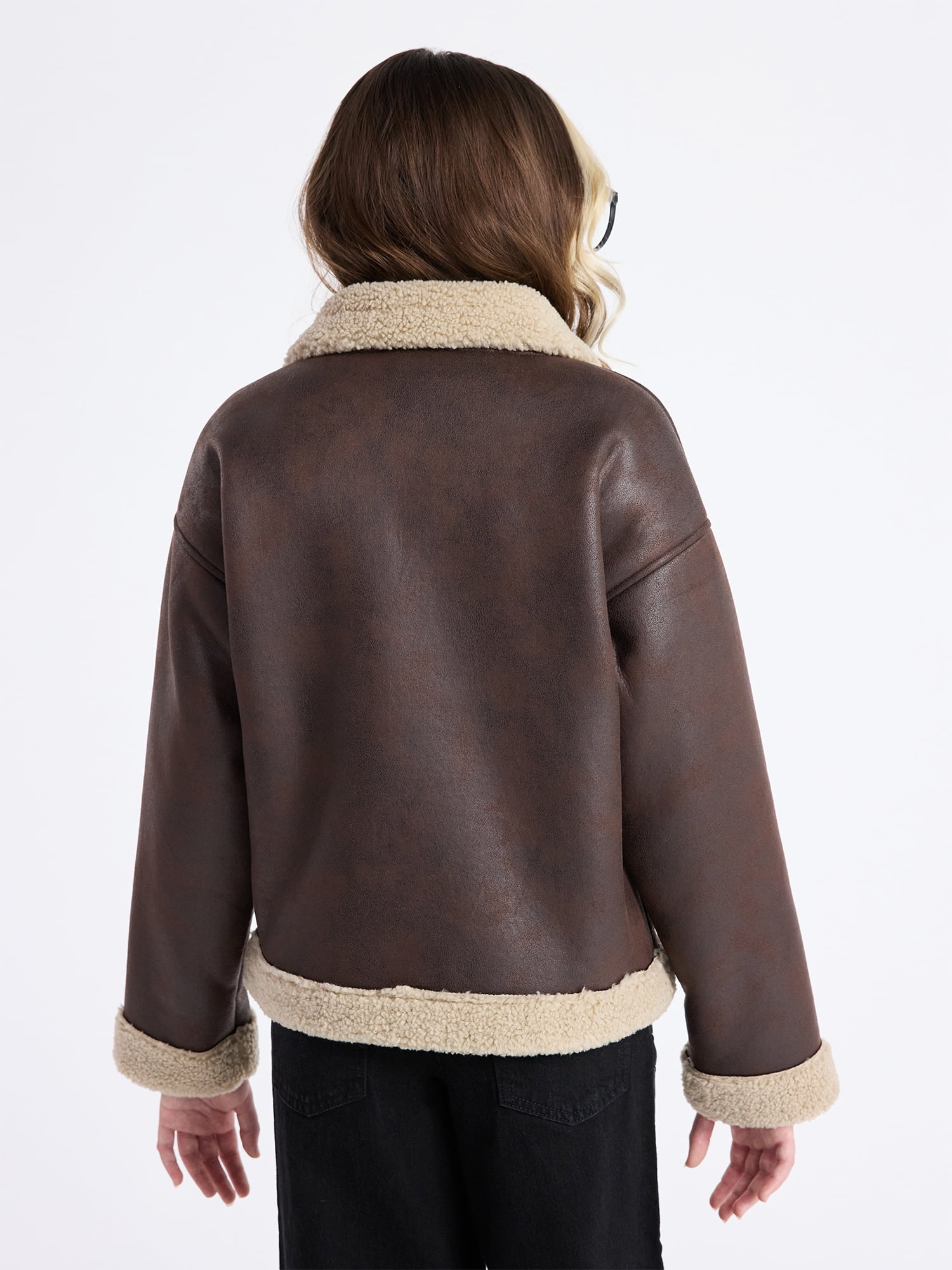 Weekend Academy Girls Faux Leather Biker Jacket with Faux Shearling Trim, Sizes 4-18