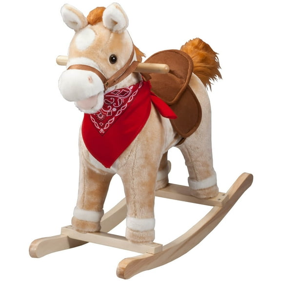 Animated Rocking Horse – Soft Plush Ride-On Pony with Sounds, Movable Mouth & Tail – Includes Custom Bandana – 25" Wooden Base